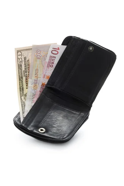 Wallet with dollar pound and euro notes — Stock Photo, Image