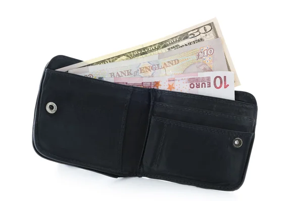 stock image Wallet with dollar pound and euro notes
