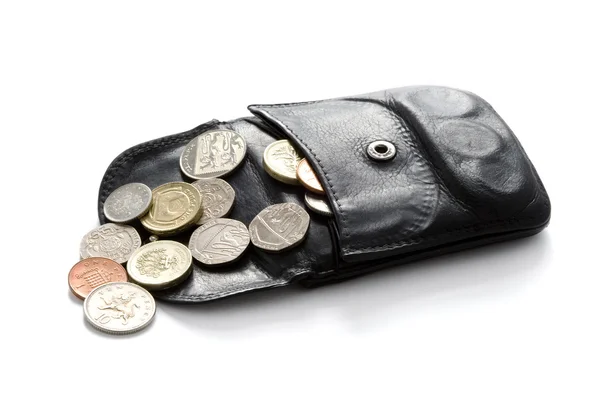 Brieftasche oder Geldbörse mit Sterling-Münzen — Stockfoto