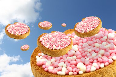Beyaz ve pembe anason tohumu sprinkles ile rusks uçan