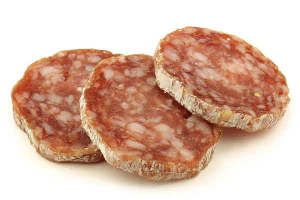 Spicy Italian salami sausage slices — Stock Photo, Image