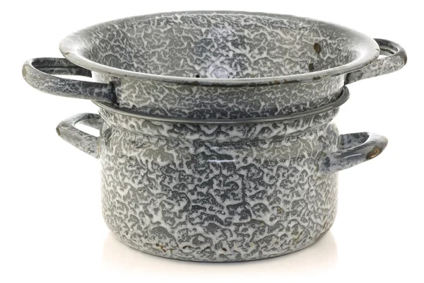 Vintage grey enamel cooking pan with an enamel colander — Stock Photo, Image