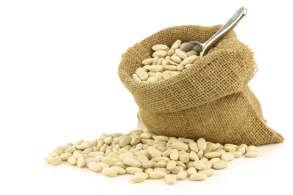Dried white beans in a burlap bag with an aluminum scoop — Stock Photo, Image