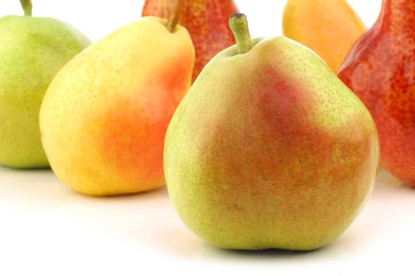 Sortiment av olika färgglada päron med en anjou päron framför — Stockfoto