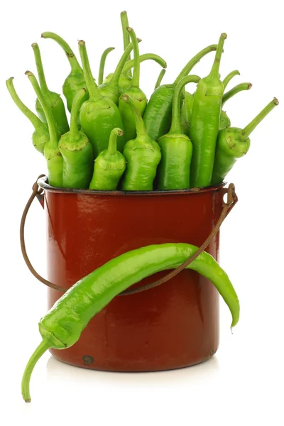 Frisch geerntete Jalapeño-Paprika in einem Emaille-Kochtopf — Stockfoto