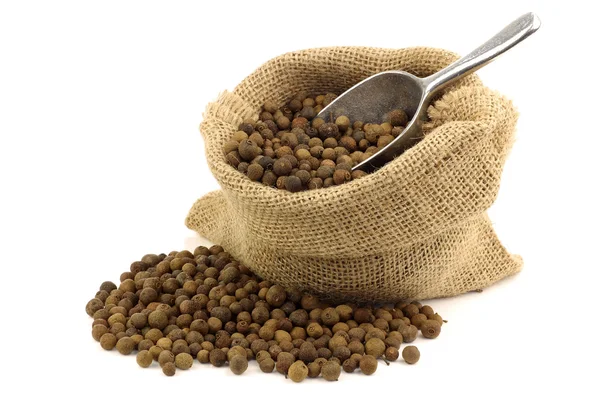 Dried allspice(Jamaica pepper) in a burlap bag with an aluminum scoop — Stock Photo, Image