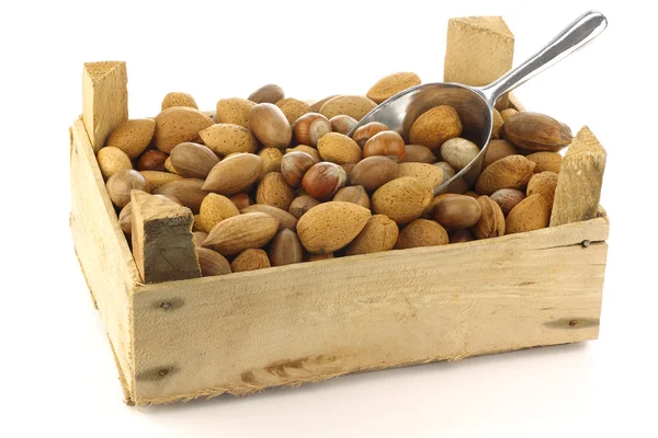 Míchané ořechy v dřevěné krabici s hliníkovou kopeček — Stock fotografie