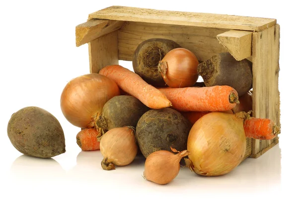 Разнообразие корневых овощей в деревянном ящике — стоковое фото