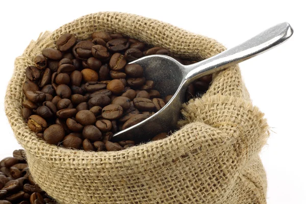 Coffee beans in a burlap bag with an aluminum scoop — Stock Photo, Image