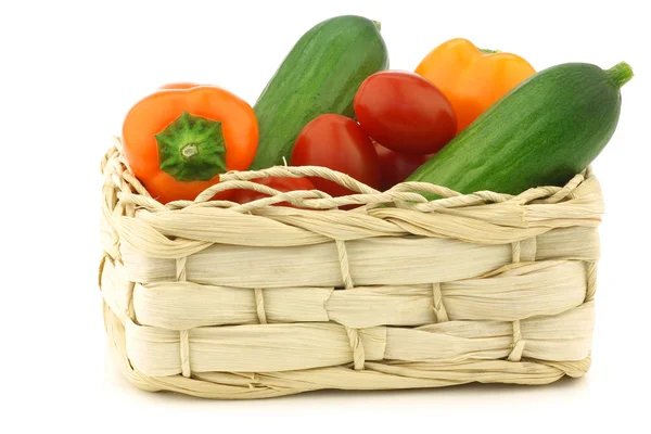 Fresh vegetable snacks in a woven basket — Stock Photo, Image
