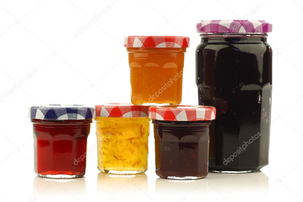 Glass jars with assorted jam and marmalade