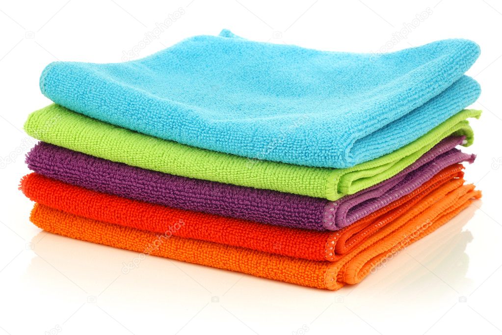 Stacked colorful microfiber cleaning cloths