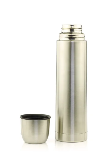 Modern stainless steel thermos flask and a cup — Stock Photo, Image