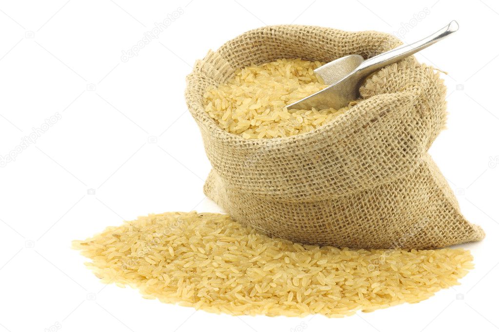 Unpolished rice (whole grain) in a burlap bag with an aluminum scoop