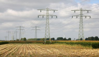 Partly harvested cornfield with power lines clipart