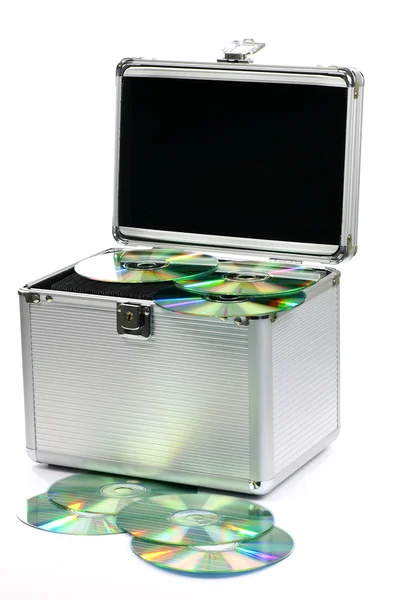 Caja de CD de aluminio con algunos CD ROM — Foto de Stock