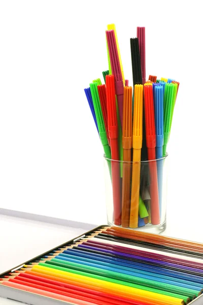 Color felt tip pens and a box of coloring pencils — Stock Photo, Image