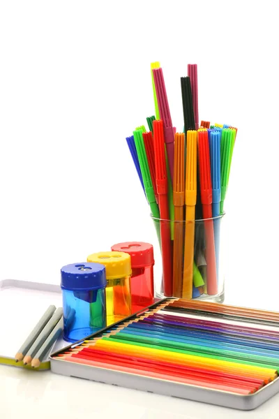 Color felt tip pens, coloring pencils and pencil sharpeners — Stock Photo, Image