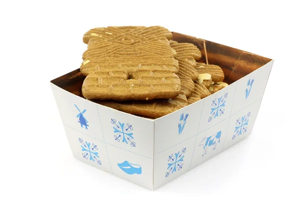 Biscuits Speculaas (biscuit typique néerlandais Sinterklaas) dans une boîte décorée — Photo
