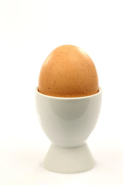 One white eggcup with a brown egg — Stock Photo, Image