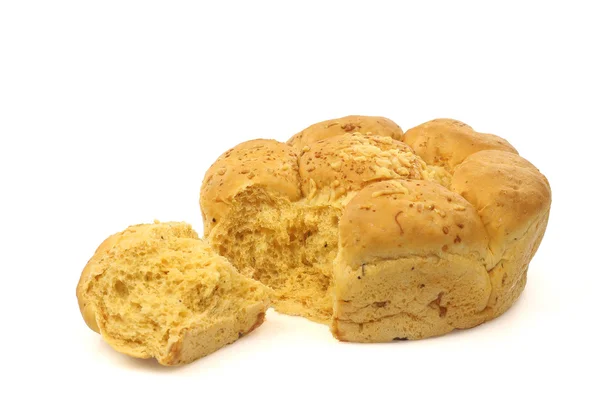 stock image Fresh round tomato and cheese bread with a piece broken off