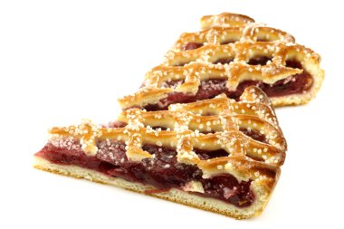 Two slices of decorated cherry pie called 