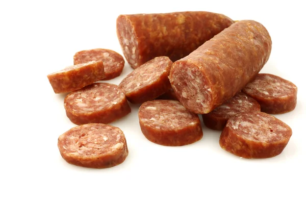 A cut pair of traditional Dutch smoked and dried sausages — Stock Photo, Image