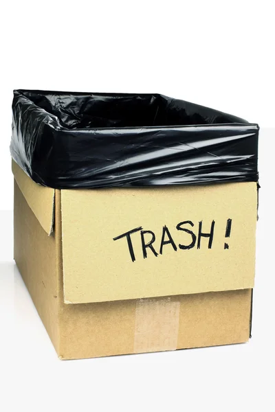 stock image Homemade trashcan made of a cardboard box with plastic bag in it