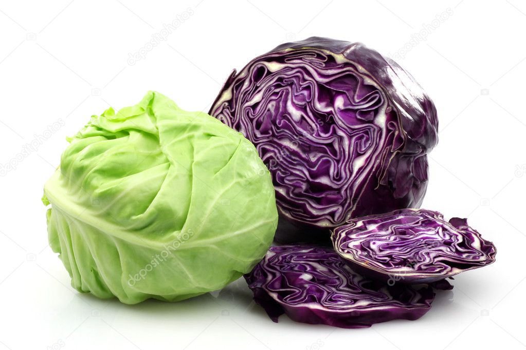 Freshly cut red and white cabbage