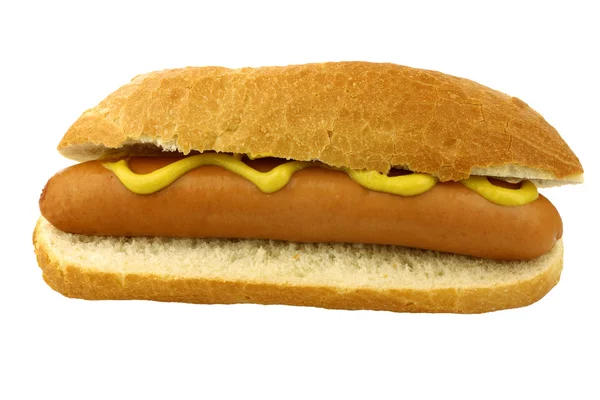 One freshly homemade hot dog with mustard — Zdjęcie stockowe