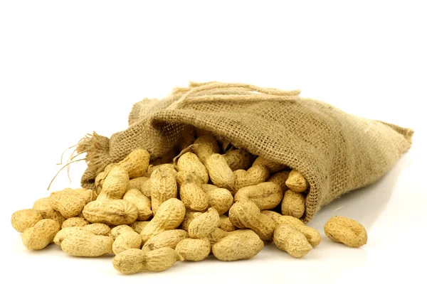 Burlap bag with roasted peanuts — Stock Photo, Image