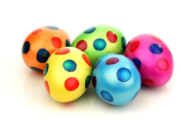 Bunch of colorful easter eggs with painted spots — Stock Photo, Image