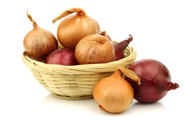 Rote und braune Zwiebeln in einem Weidenkorb — Stockfoto