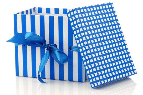 Opened blue and white gift box with a blue ribbon — Stock Photo, Image