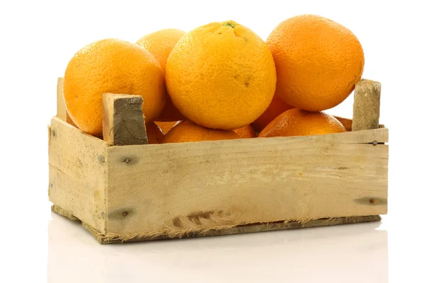 Fresh oranges in a wooden box — Stock Photo, Image
