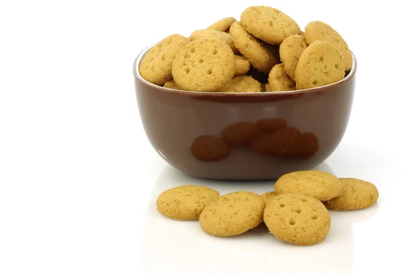 Delicious Dutch mini cookies in a brown bowl — Stock Photo, Image