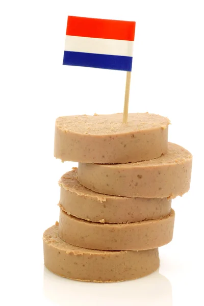 Stacked pieces of traditional Dutch liver sausage with a Dutch flag toothpick — Stock Photo, Image