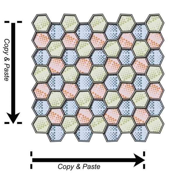 Hexagones irréguliers décorés sans couture — Image vectorielle