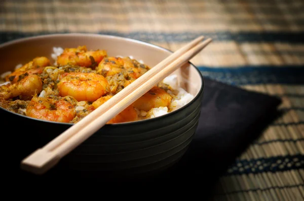 stock image Curry Prawns with Rice - Macro and Black background 09