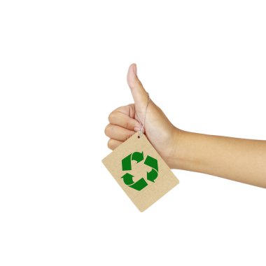 Women's hand make thumbs up hung with recycle banners ,isolated clipart