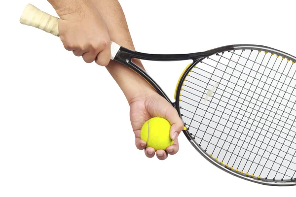 Tennis player hand preparing to take a serve — Stock Photo, Image
