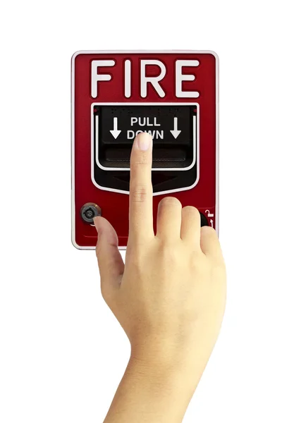 Dłoń naciska przeciwpożarowy wyłącznik — Zdjęcie stockowe