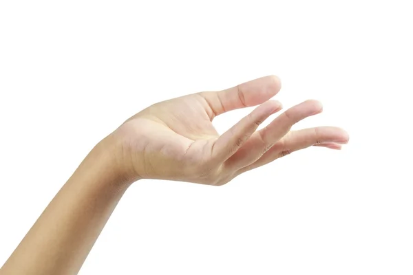 Handfläche mit leeren Händen, die etwas Isoliertes auf weißem Hintergrund zeigt. — Stockfoto