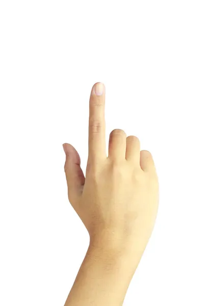 Die Hand der Frau berührt den virtuellen Bildschirm. Isoliert auf Weiß. — Stockfoto