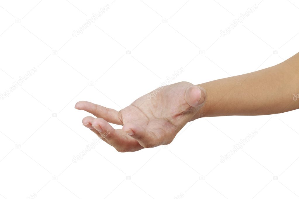 Empty hand palm showing something isolated on white background.