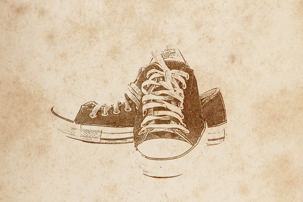 Старый рисунок обуви на старой тертой бумаге (созданный и оформленный художником П. — стоковое фото