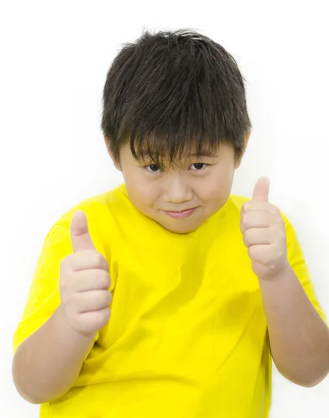 Мальчик с большими пальцами на белом фоне — стоковое фото