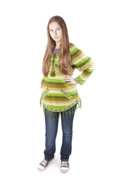 Hippie dívka stojan na bílém pozadí — Stock fotografie