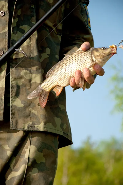 Close-up hands of fisher with the fish near the lake — Stock Photo, Image