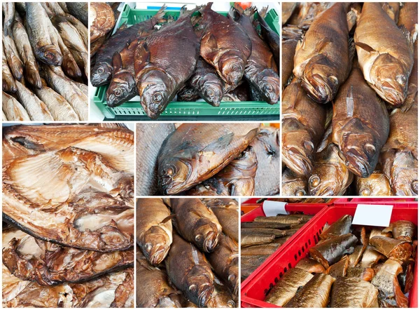Κολάζ χρυσή καπνό αποξηραμένων ψαριών στην αγορά. — Φωτογραφία Αρχείου